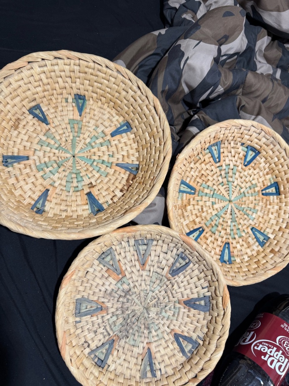 Handwoven Natural Wicker Wall Basket Set with Blue Accents